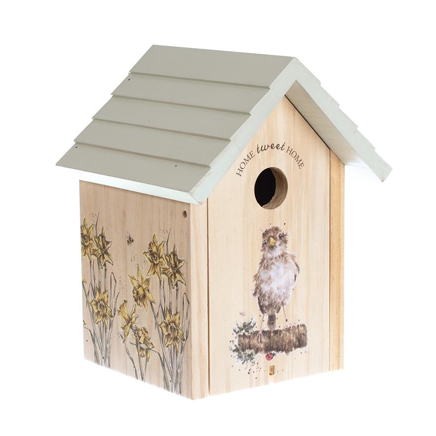 Wrendale Vogelhaus aus Holz, Motiv Spatz & Blumen, 15,5x 15x26 cm