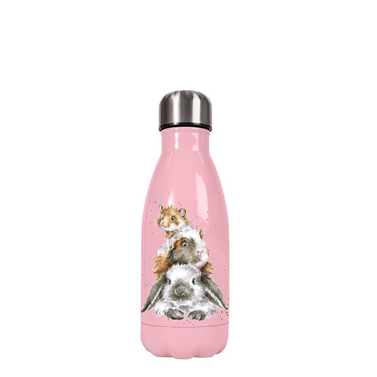 Wrendale kleine Trinkflasche in Geschenkverpackung, Motiv Hase, Meerschweinchen und Hamster, rosa,  260 ml