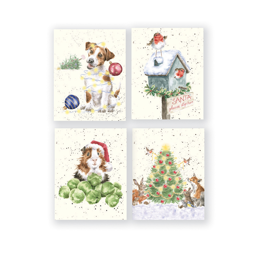 Wrendale weihnachtliches Mini-Karten Set, in Box, 16 Karten, 4 verschiedene Motive Hund/Rotkehlchen/Meerschweinchen/Waldtiere, 10x5cm