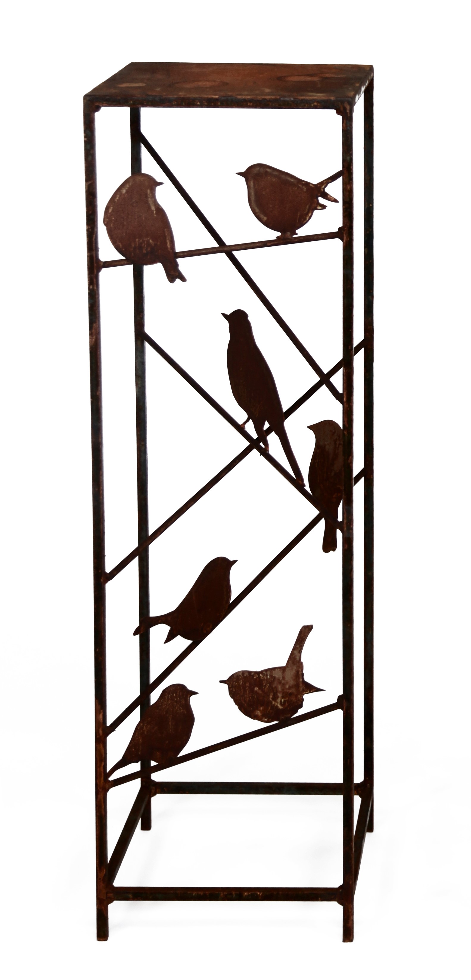 Säule aus Vierkantstahl mit 6 Vögel auf Stäben, Edelrost, H 100cm, 30 x 30cm