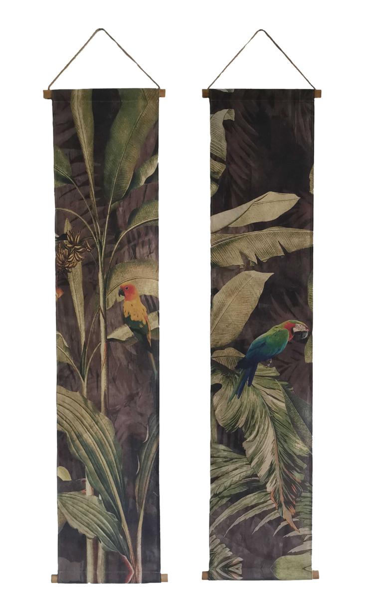 Stoffbanner/Wandbild, Motiv Papageien im Dschungel, aus Baumwolle, 175x38