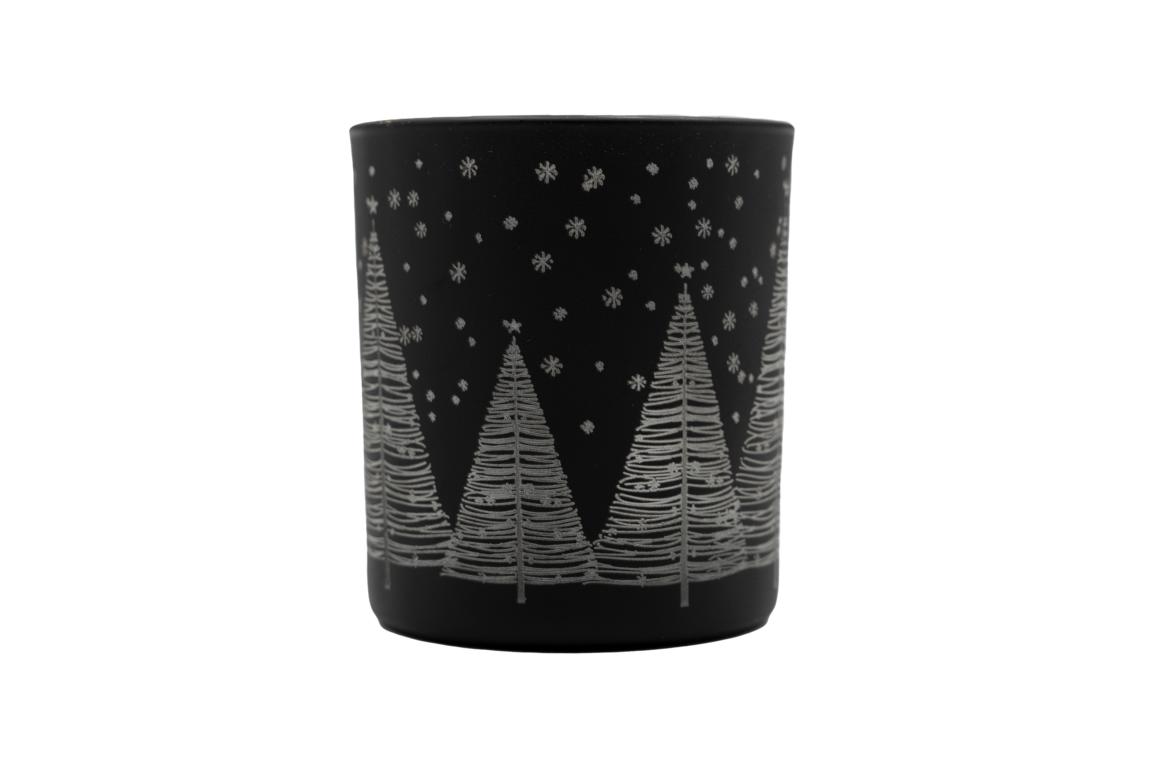 Teelichtglas, klein, schwarz mit weißen Tannen und Sternen, 7x8cm
