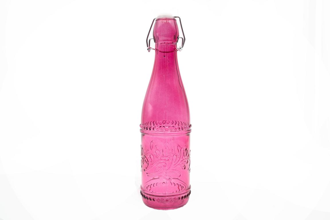 Flasche, mit Bügelverschluss, Glas, Perlen und Blätter, beere/pink, Handgefertigt , 27x6,5cm