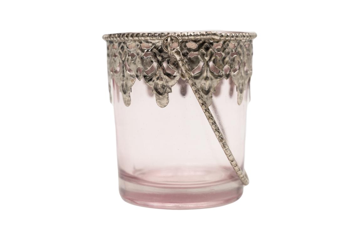 Windlichtglas zum hängen oder stellen, Glas rosa, 9x9x9 cm