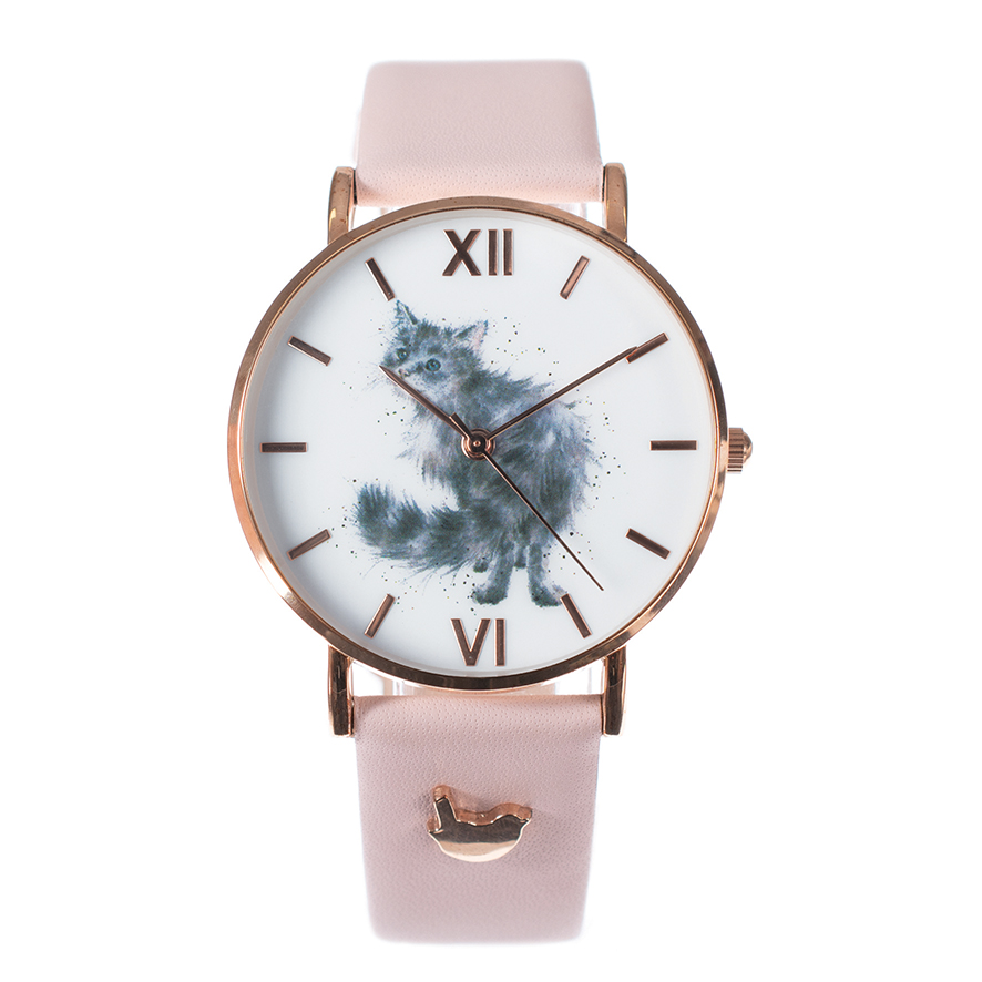Wrendale Armbanduhr mit rosa Lederarmband, Motiv Katze schaut nach hinten, in Geschenkkarton 9x9cm