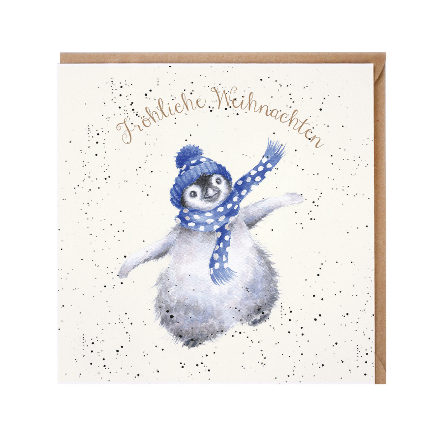 Wrendale Doppelkarte Weihnachten mit Umschlag, Fröhliche Weihnachten, Motiv Pinguin mit Schal und Mütze, 15x15 cm