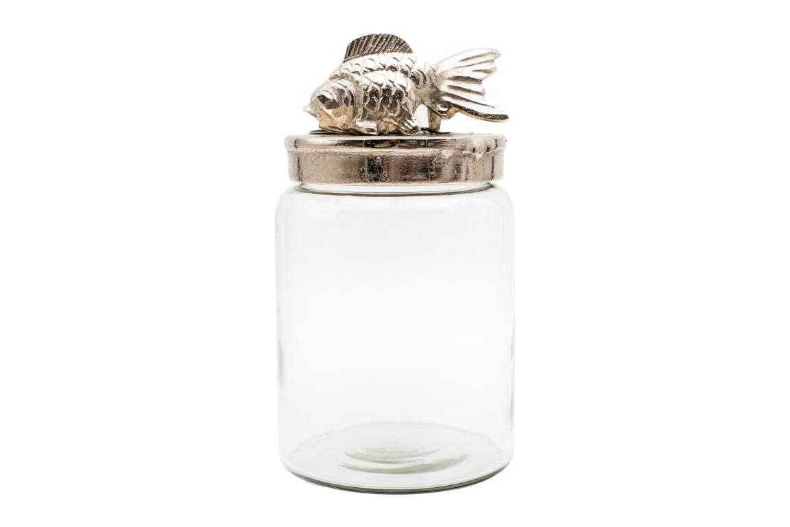 Colmore Vorratsglas klein mit Deckel aus Aluminium silber, Fisch als Griff, 10 x 13 x 20