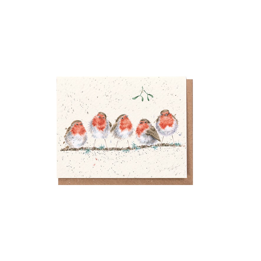 Wrendale Mini-Weihnachtskarte mit Umschlag, Motiv fünf Rotkehlchen "Tis The Season"
