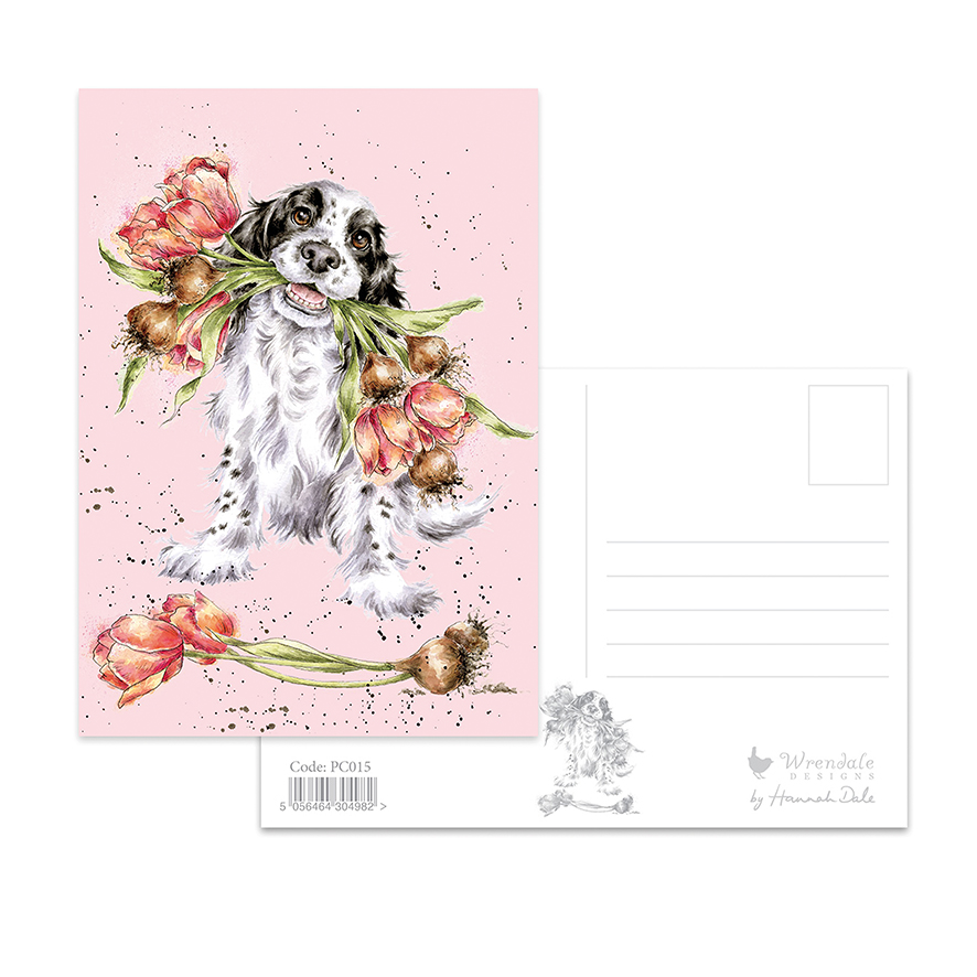 Wrendale Postkarte, Motiv Hund mit Blumen im Maul "Blooming with love", 14,8x 10,5cm