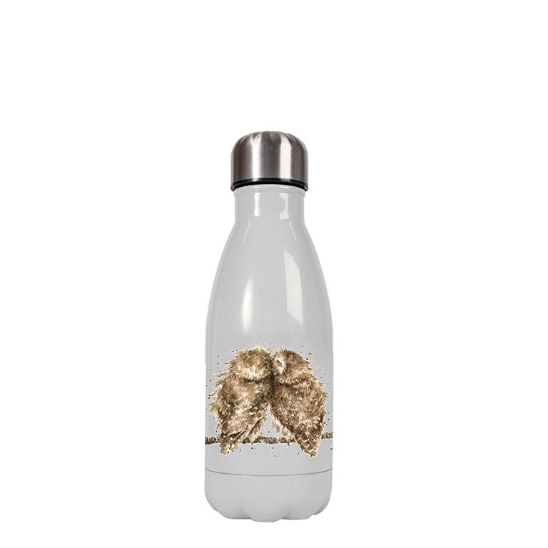 Wrendale kleine Trinkflasche in Geschenkverpackung, Motiv zwei Eulen kuscheln, grau, 260 ml