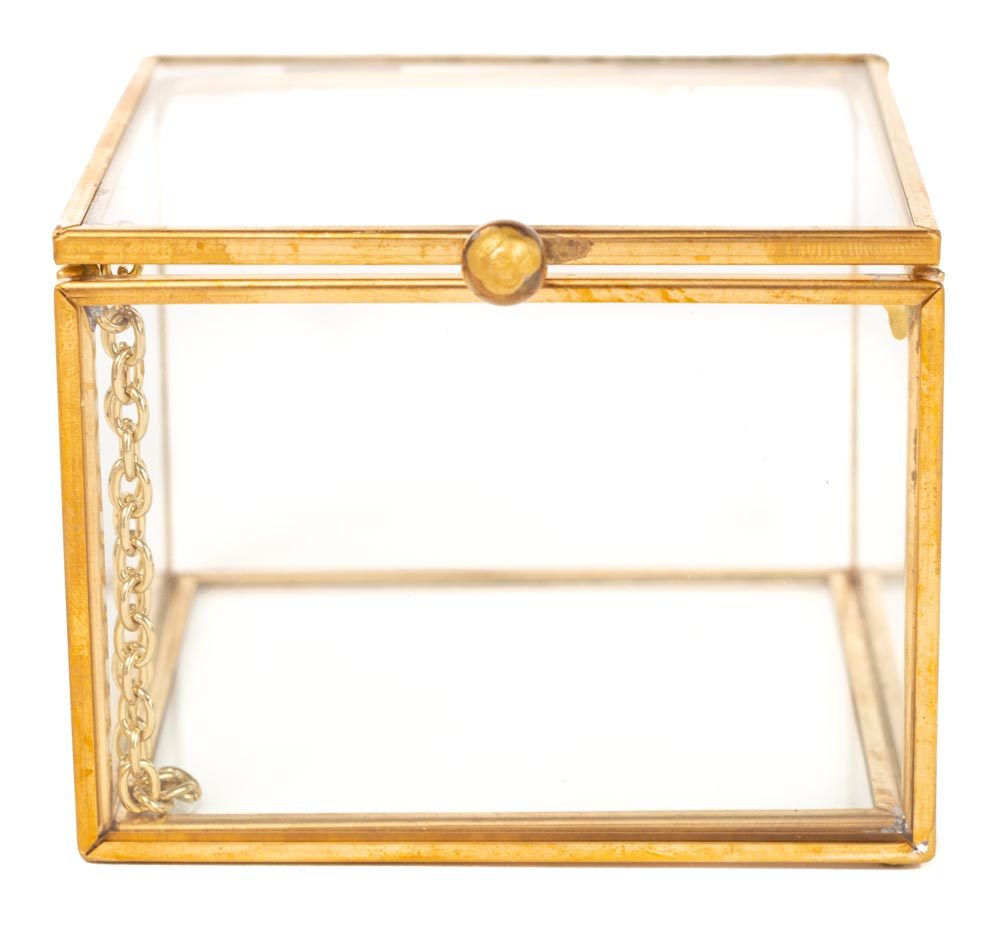 Glaskasten klein mit Metallkanten in Goldoptik , 8x8x6 cm
