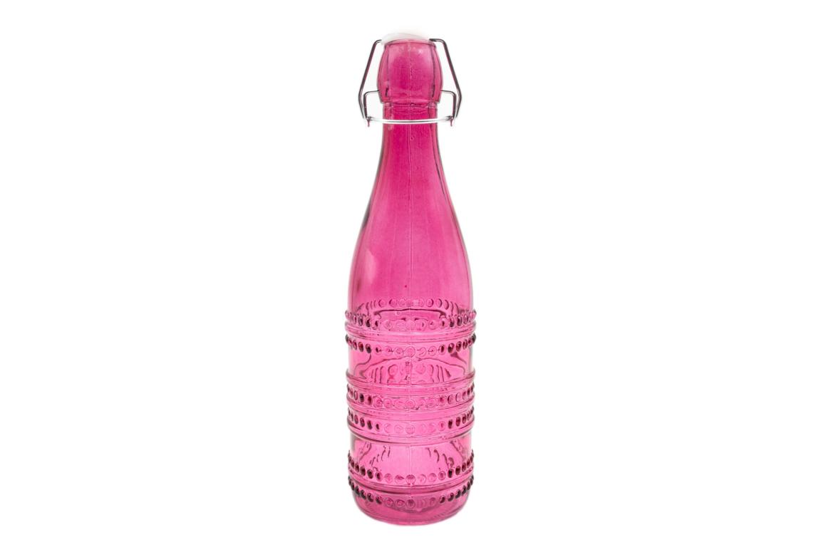 Flasche, mit Bügelverschluss, Glas, Perlenmuster, beere/pink, Handgefertigt , 27x6,5cm