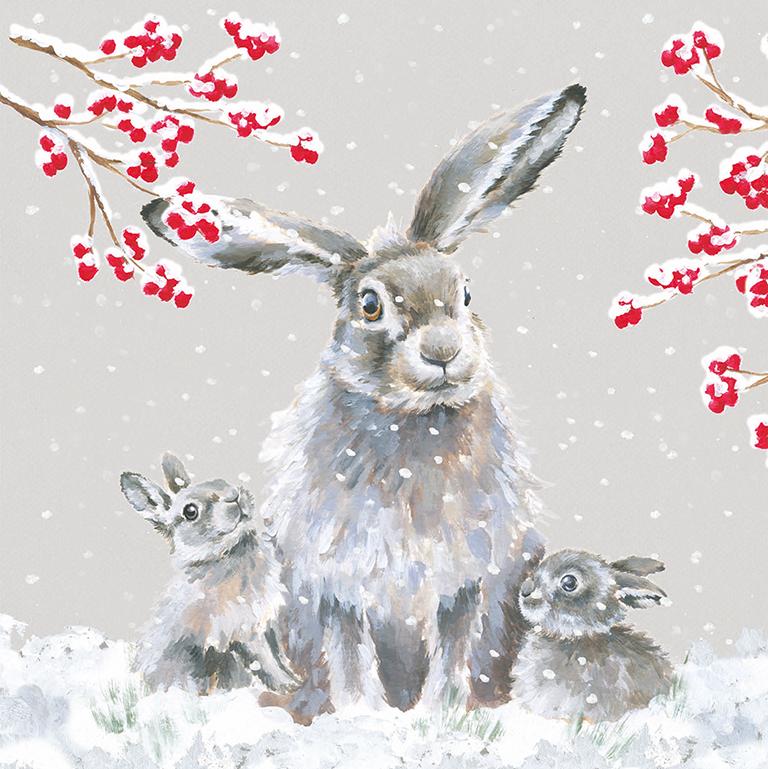 Wrendale Weihnachtskartenbox, Motiv Hasenfamilie im Schnee "Snowfall"