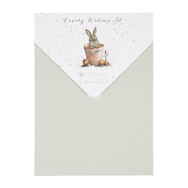 Wrendale Briefpapier Set in illustrierter Brieftasche, 20 Blatt Schreibpapier, 10 Umschläge Motiv Hase im Blumentopf, 14,8x21cm