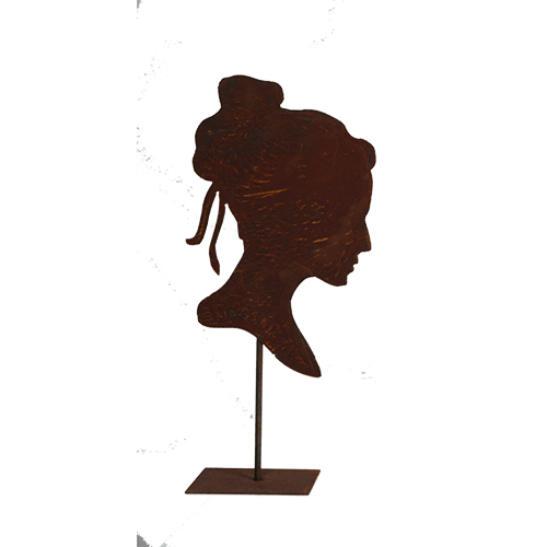 Frauenbüste im Profil auf Bodenplatte, Edelrost, H50cm