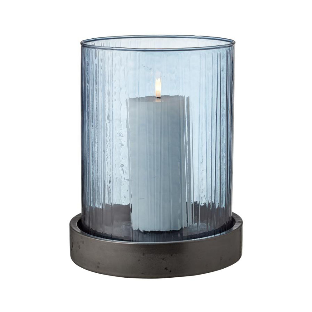 Bitz Windlichtglas, groß, Glas, blau, Teller aus Porzellan in anthrazit, inklusive LED Kerze mit  6 Stunden Timer, 25x20cm
