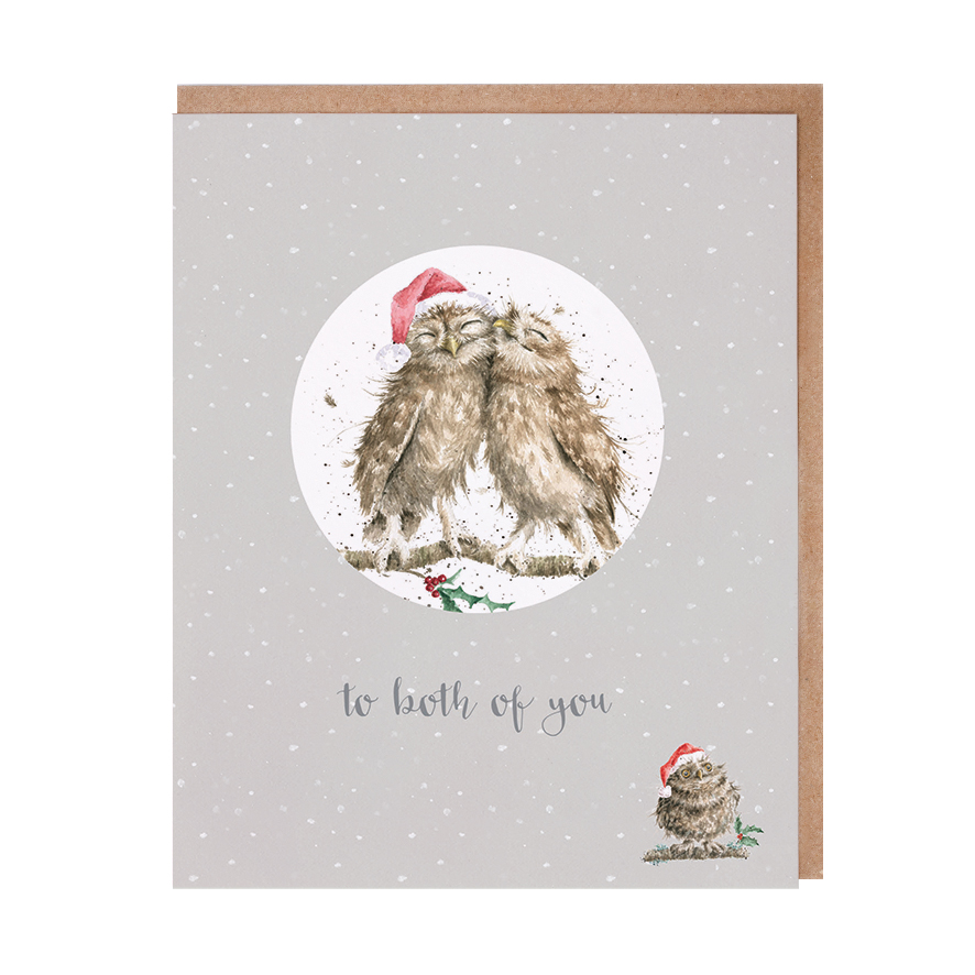 Wrendale Weihnachtskarte "to both of you", mit Weihnachtsanhänger Motiv Eulenpaar kuschelt