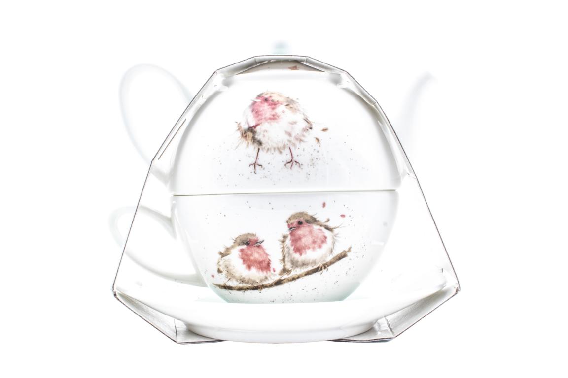 Wrendale Teeset aus Porzellan, Motiv Rotkehlchen, Inhalt 1 Tasse, 1 Unterteller, 1 kleines Kännchen 0,3L