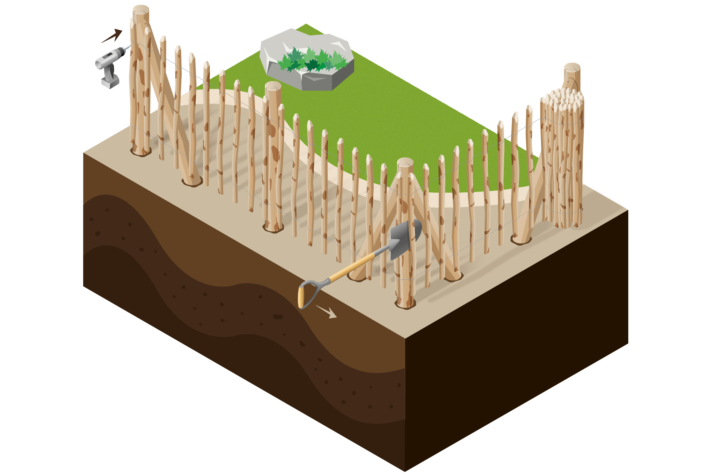 Aufbauanleitung Staketenzaun aufstellen Illustration