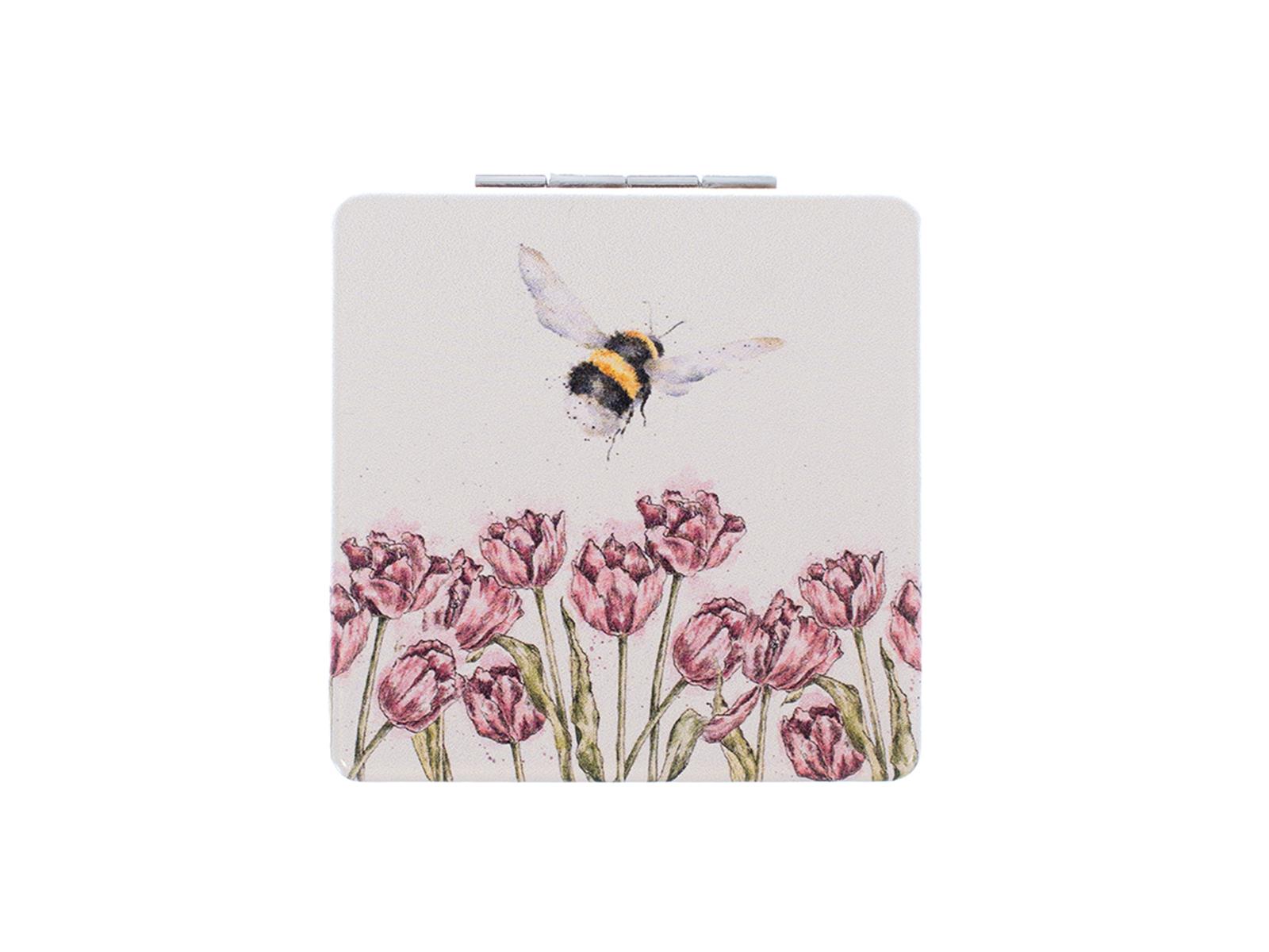 Wrendale Taschenspiegel zum klappen in Geschenkschachtel, Motiv Hummel fliegt über Blumenfeld,hellgrau,7x7cm