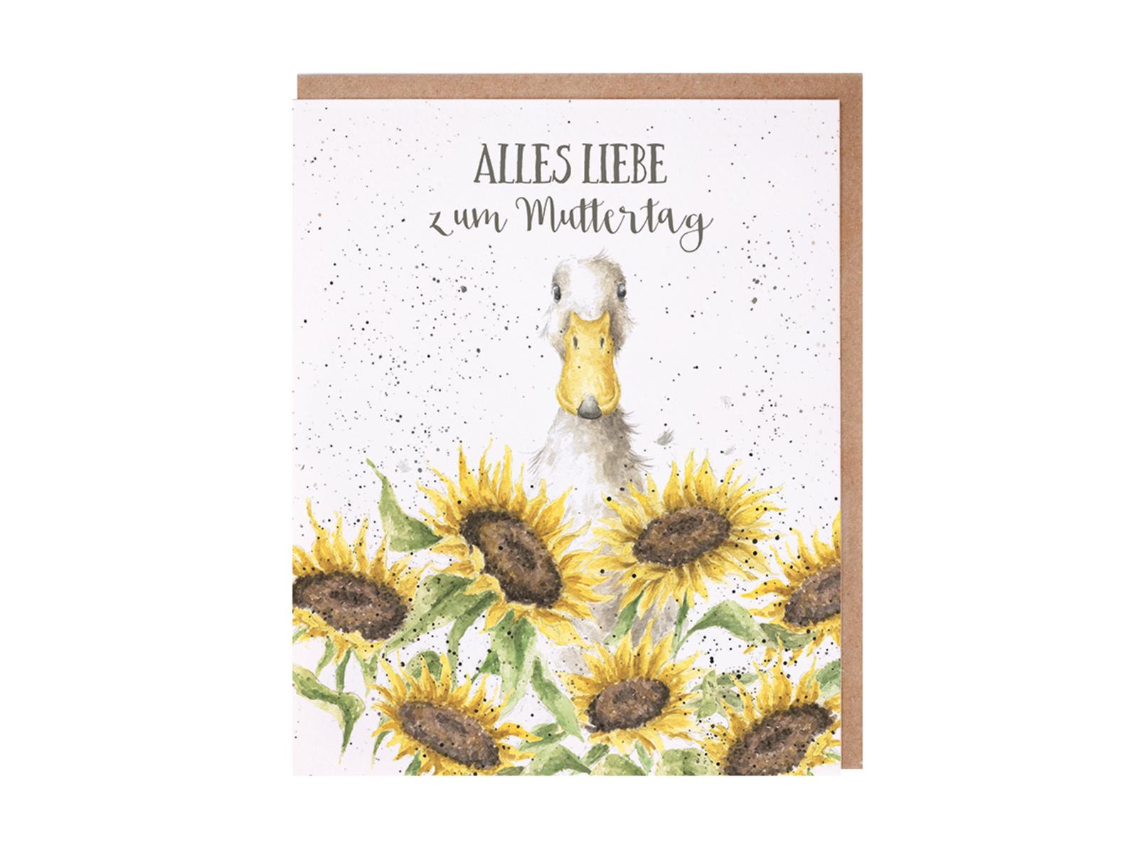 Wrendale Doppelkarte mit Umschlag, Ente sitzt im Sonnenblumenfeld, Alles Liebe zum Muttertag, 13,5x17 cm, rechteckig