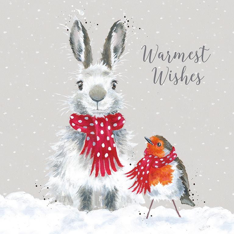 Wrendale Weihnachtskartenbox Warmest Wishes, Motiv Hase und Rotkehlchen, 8 Karten mit Umschlag und Text, 15,5x15,5 cm
