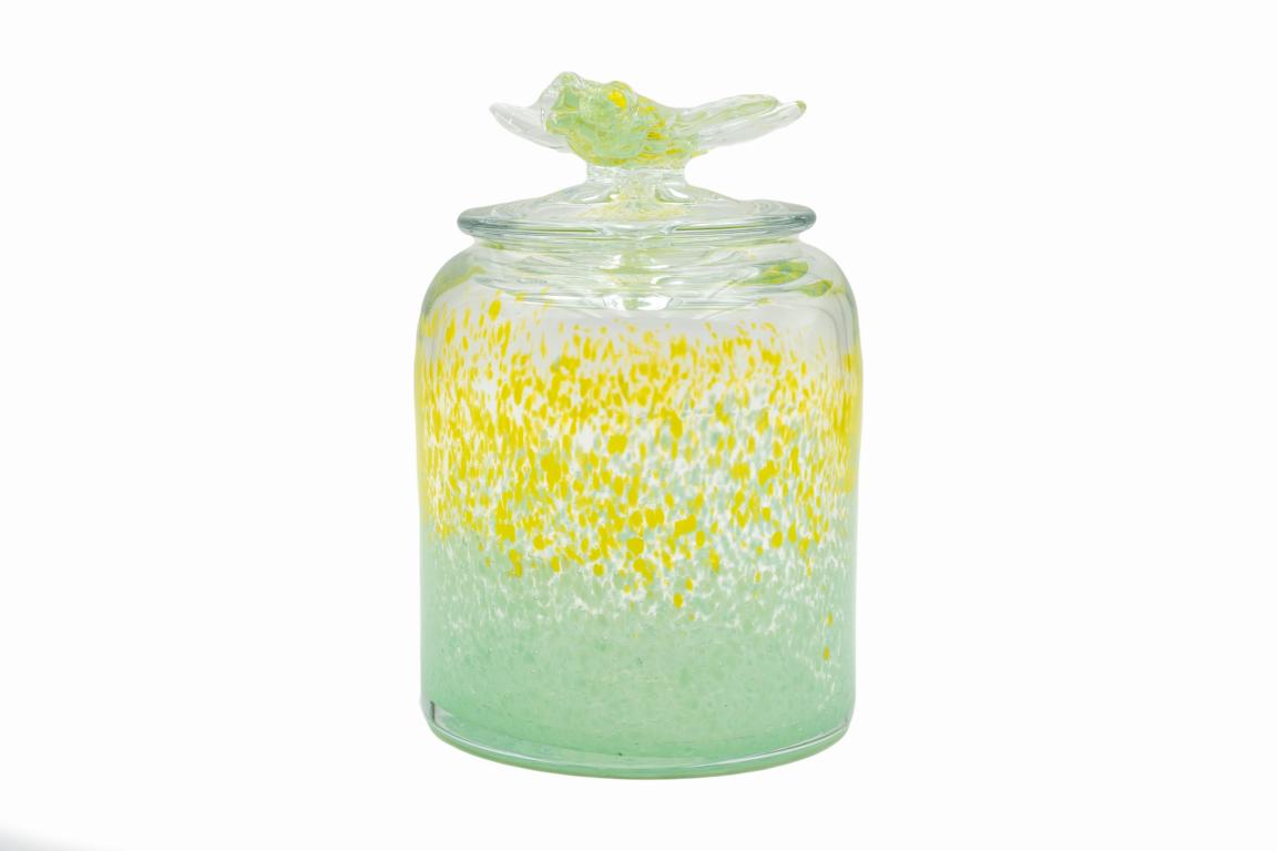 Colmore Dose/Vorratsglas mit Deckel,aus Glas, grüne und gelbe Sprenkel, mit Libelle auf dem Deckel, handgefertigt und mundgeblasen, 12x12x17cm