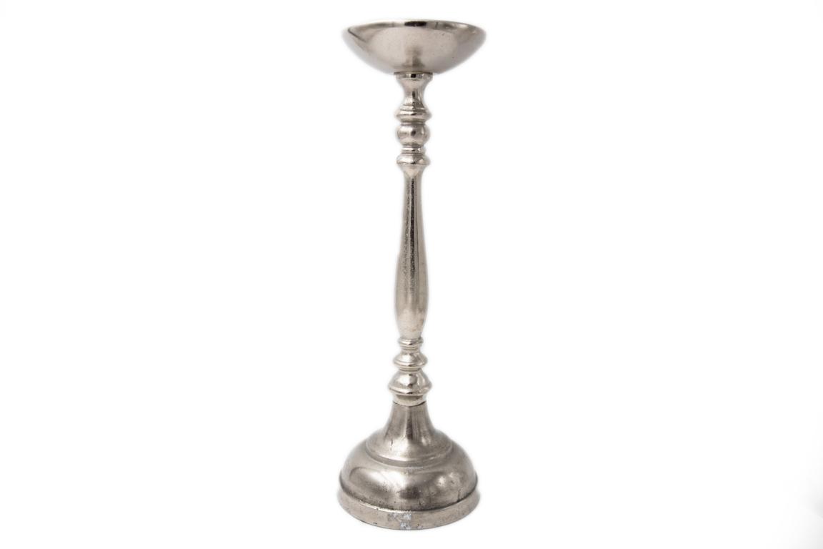 COLMORE Kerzenständer S, mit rundem Fuß, tiefer Teller für Stumpenkerze,Aluminium/Silber, 14x14x44 cm