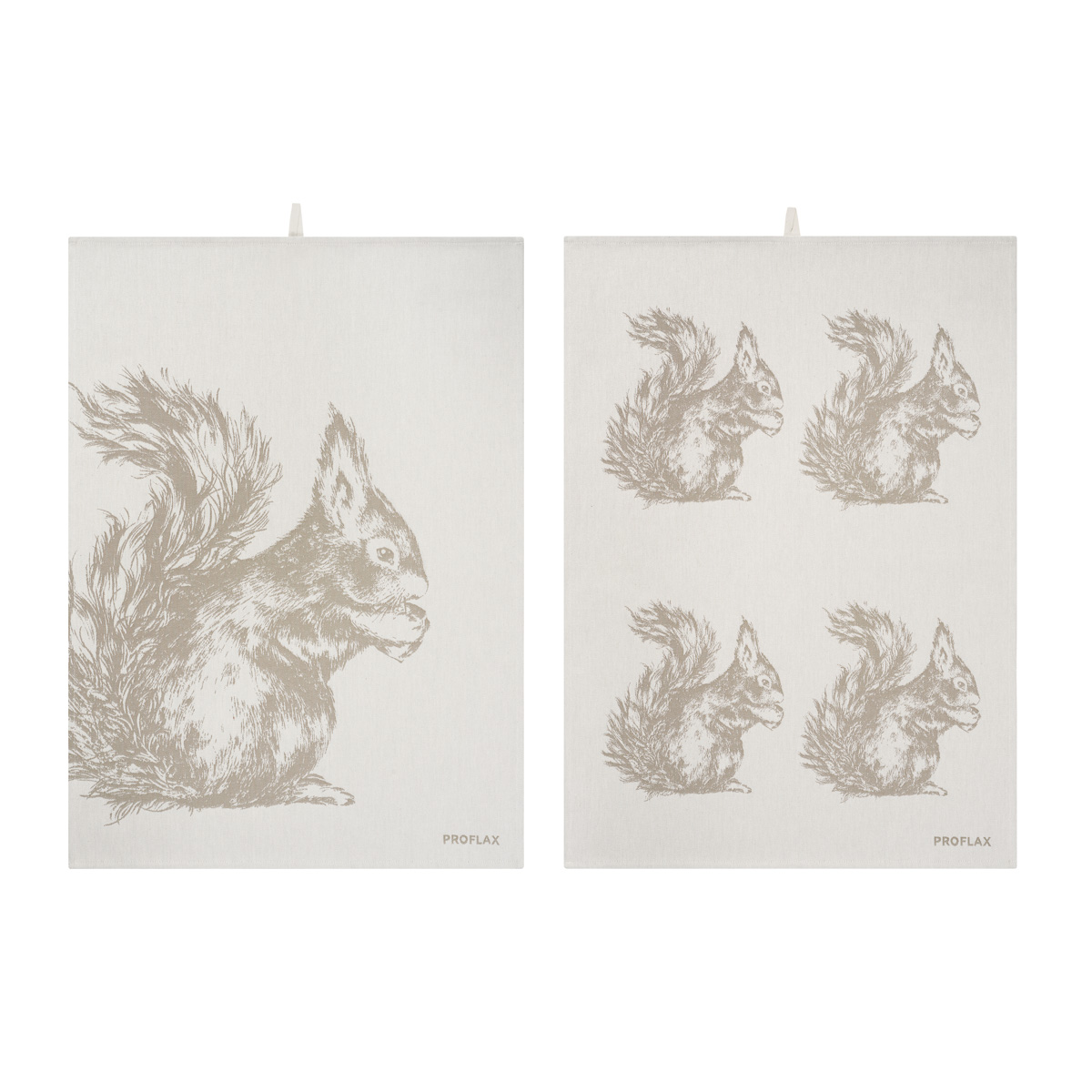 PROFLAX Geschirrtuch 2er Set, Motiv Eichhörnchen in Reihe und Eichhörnchen groß, taupe, 50 x 70