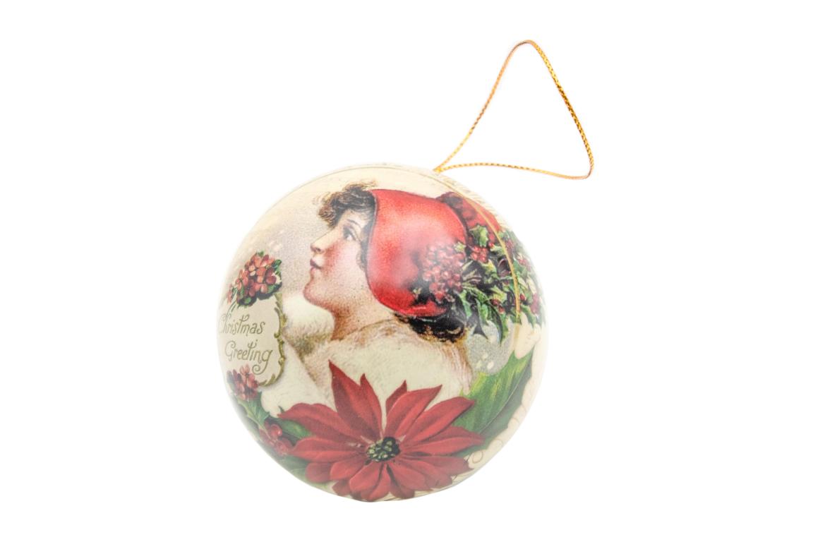 Blechkugel zum befüllen und aufhängen, beige, Motiv Frau mit rotem Hut/ Rotkehlchen, D 7 cm