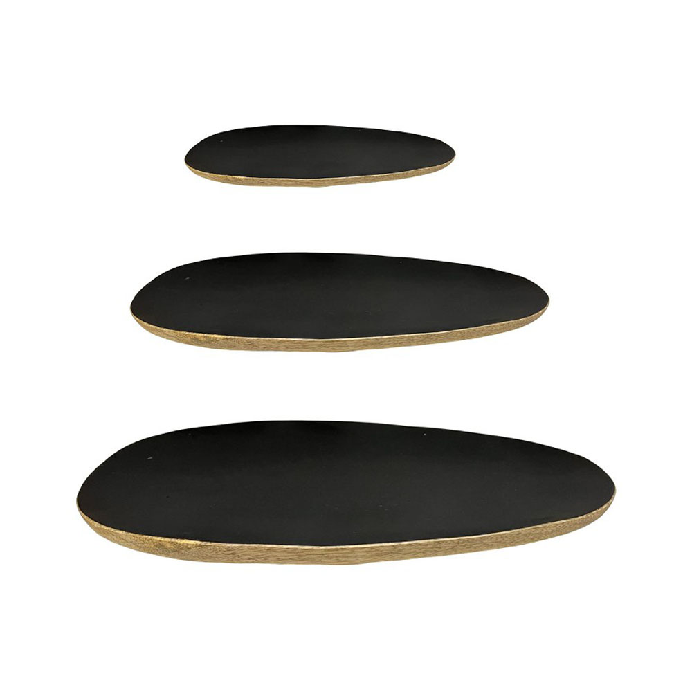 3er Set Holztablett oval, Gold und Schwarz, verschiedene Größen