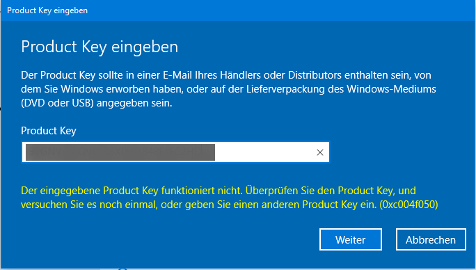 Fehlercode 0xc004f050 beheben ?