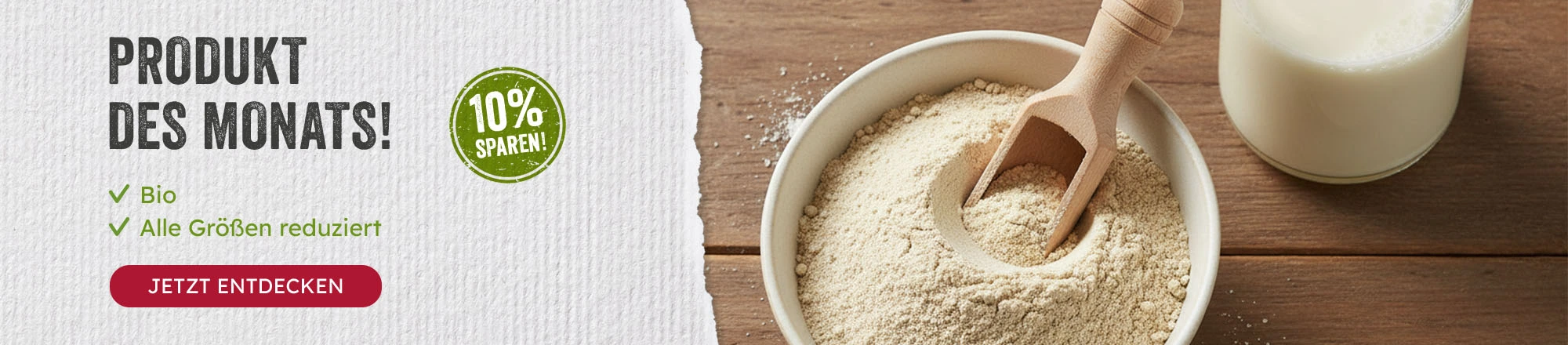 Bowl of organic powder with wooden scoop and milk