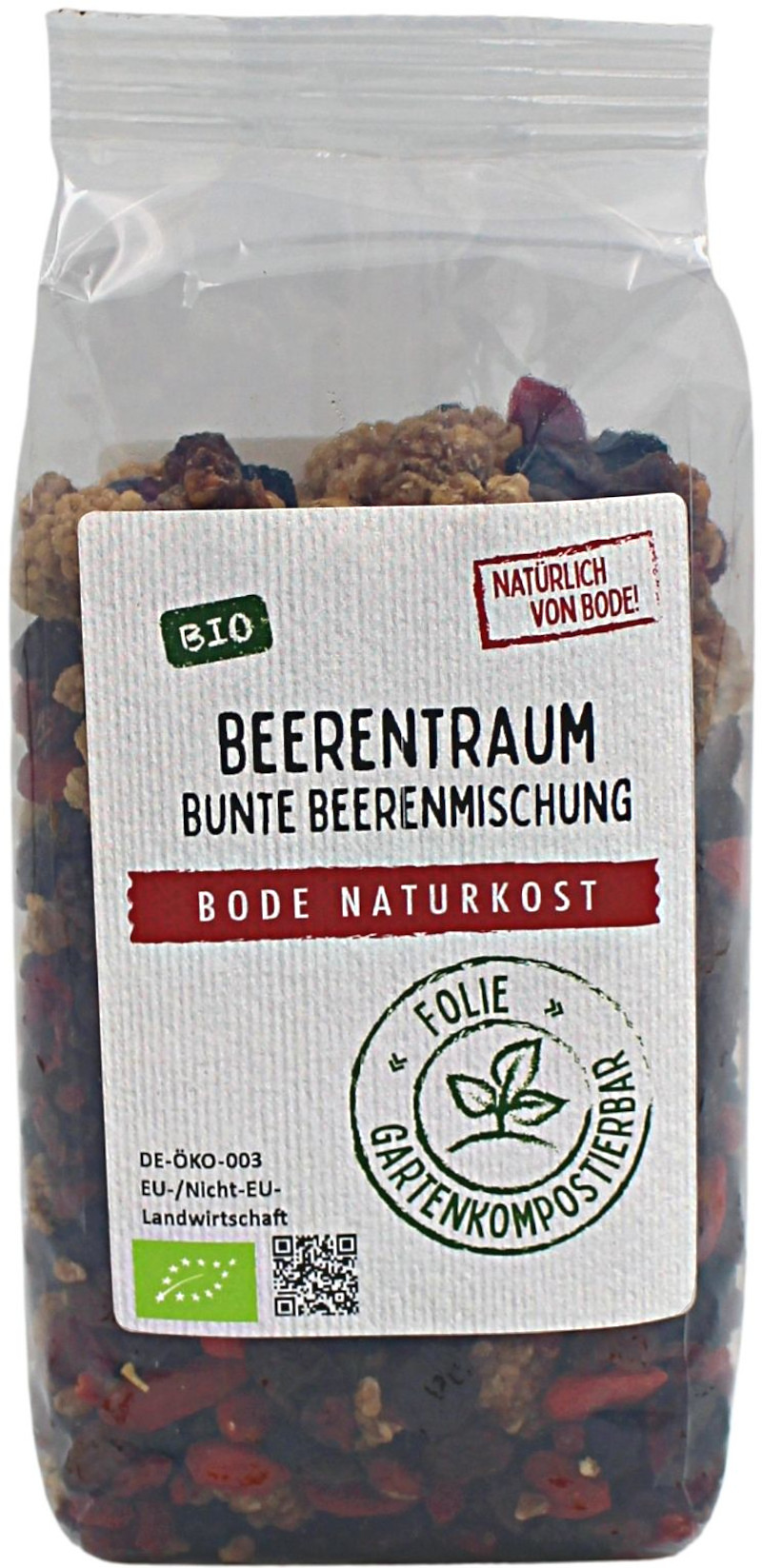 Packung Bode Naturkost Beerentraum, bunte Bio-Beerenmischung in transparenter Tüte mit weißem Etikett und Gartenkompostierbar-Logo