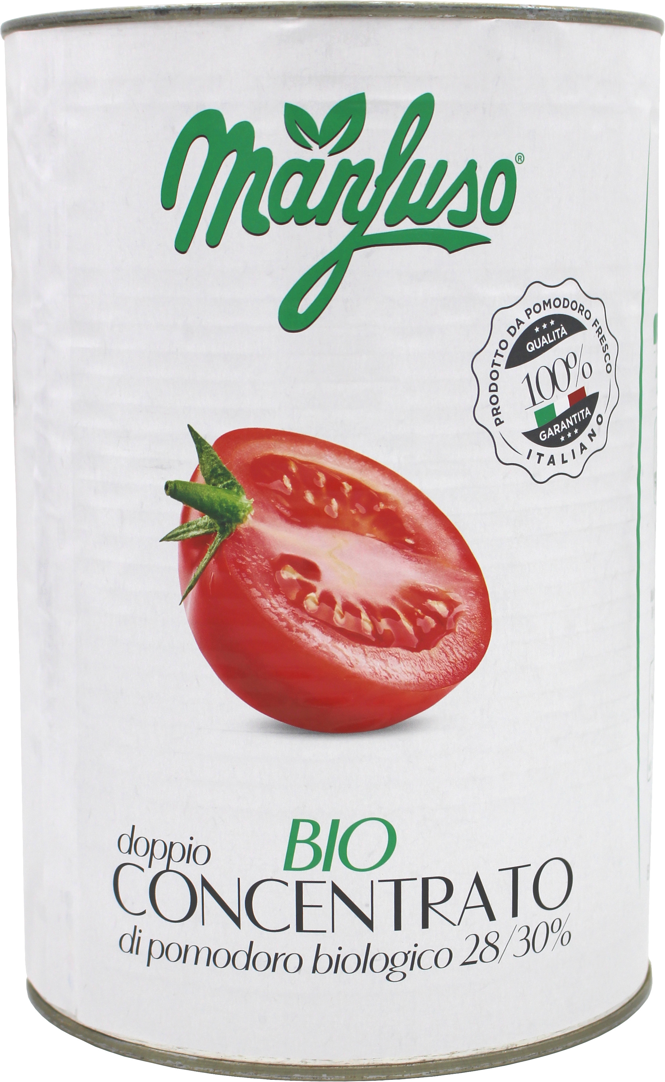 Weiße Dose mit Bio-Tomatenmark (Doppio Concentrato 28/30%), grünem Markenlogo und großer halbierter roter Tomate auf der Vorderseite