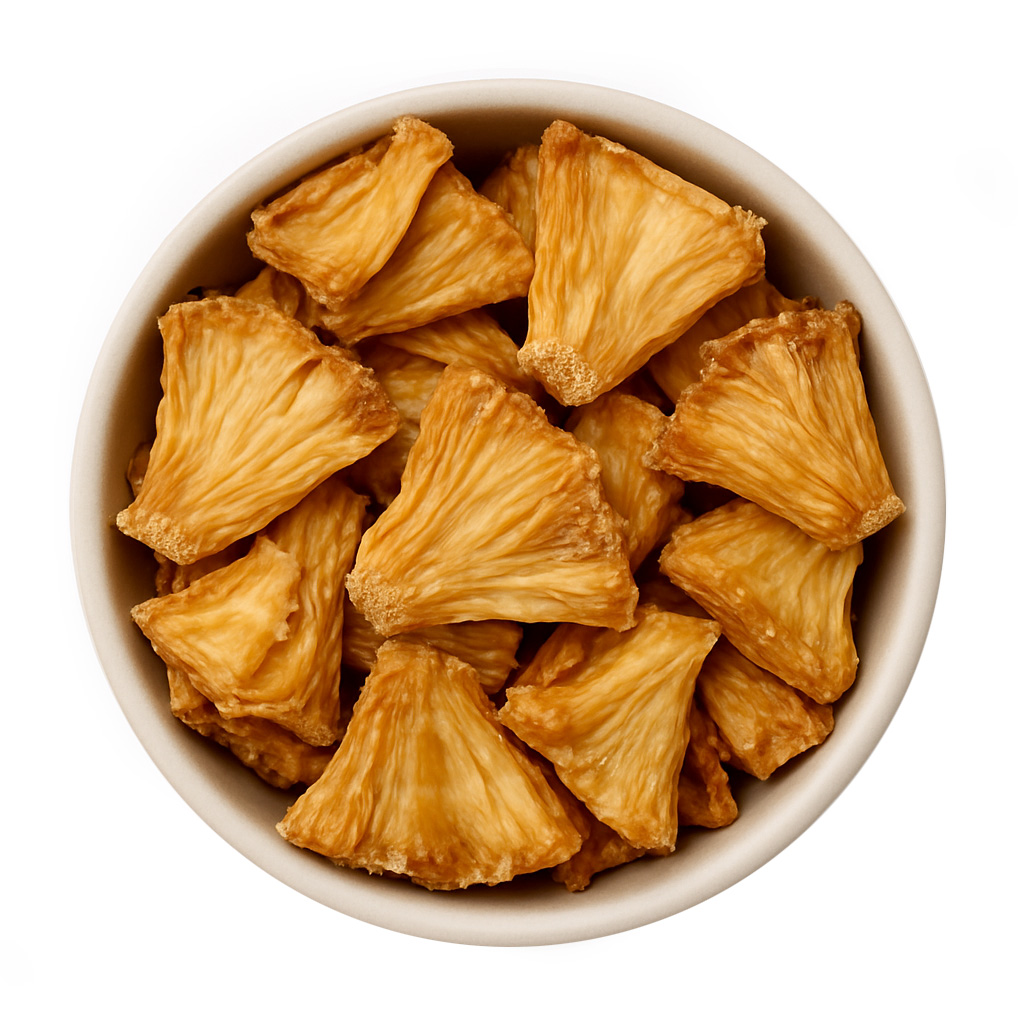 Bowl of dried pineapple slices, top view