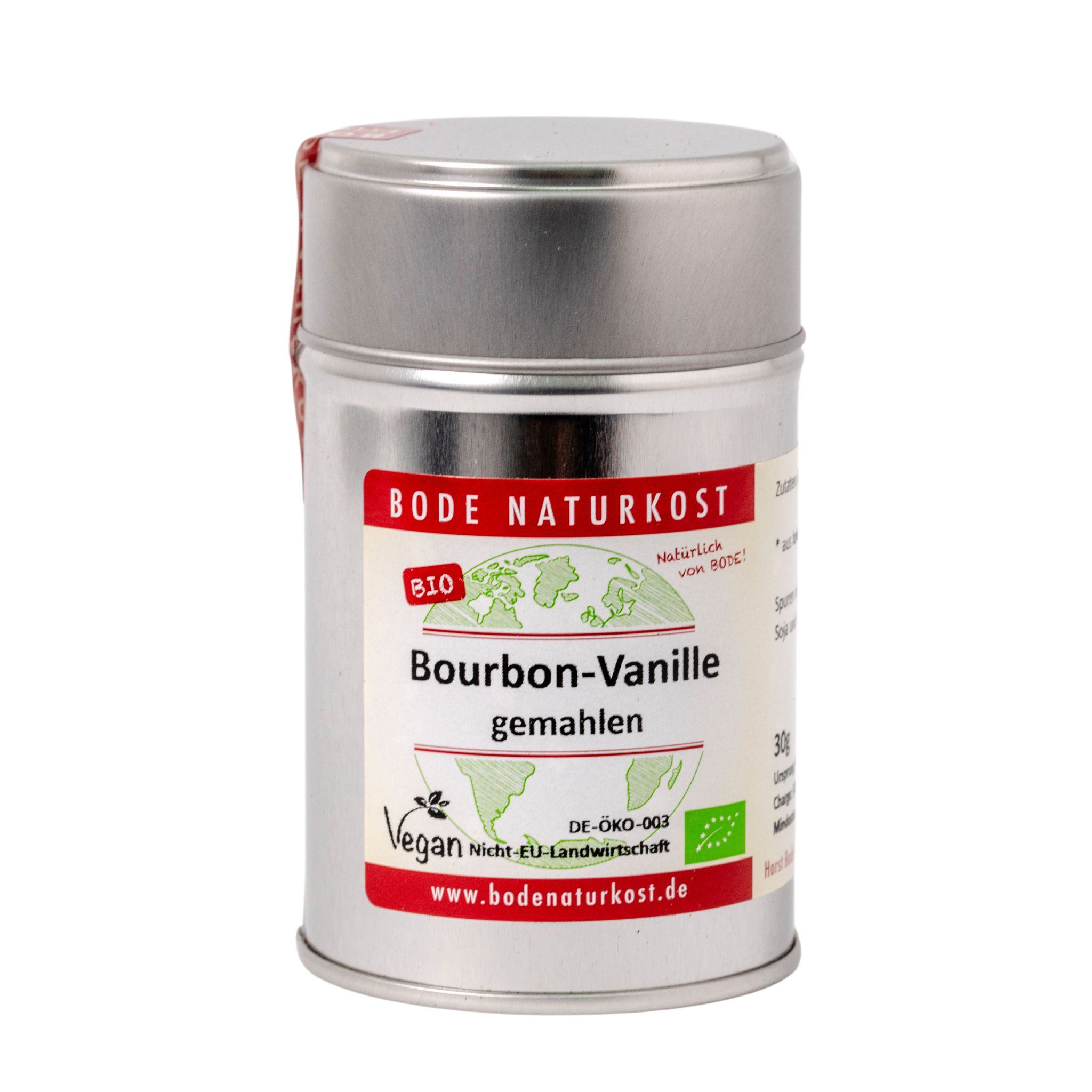 Silberne Dose Bourbon-Vanille gemahlen 30 g von Bode Naturkost, Bio und vegan, Produktetikett sichtbar