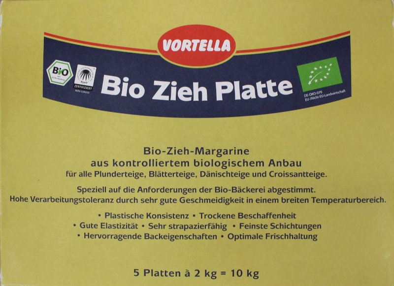 Verpackung von Vortella Bio Zieh Platte, Bio-Zieh-Margarine aus kontrolliertem biologischem Anbau, Angaben: 5 Platten à 2 kg = 10 kg, Logos für Bio-Zertifizierung.
