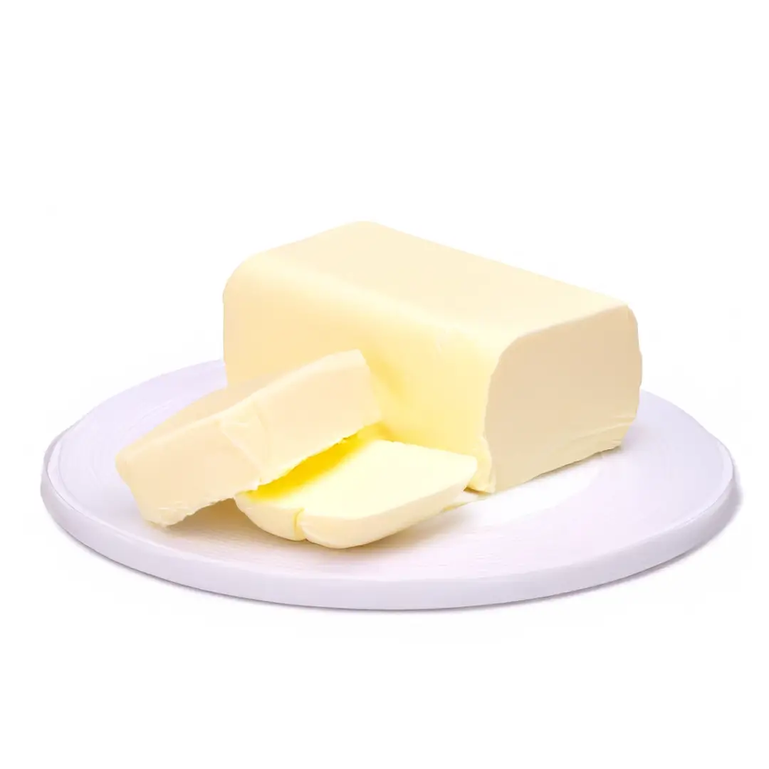 Butterblock auf rundem, weißem Teller vor weißem Hintergrund, zwei geschnittene Scheiben im Vordergrund