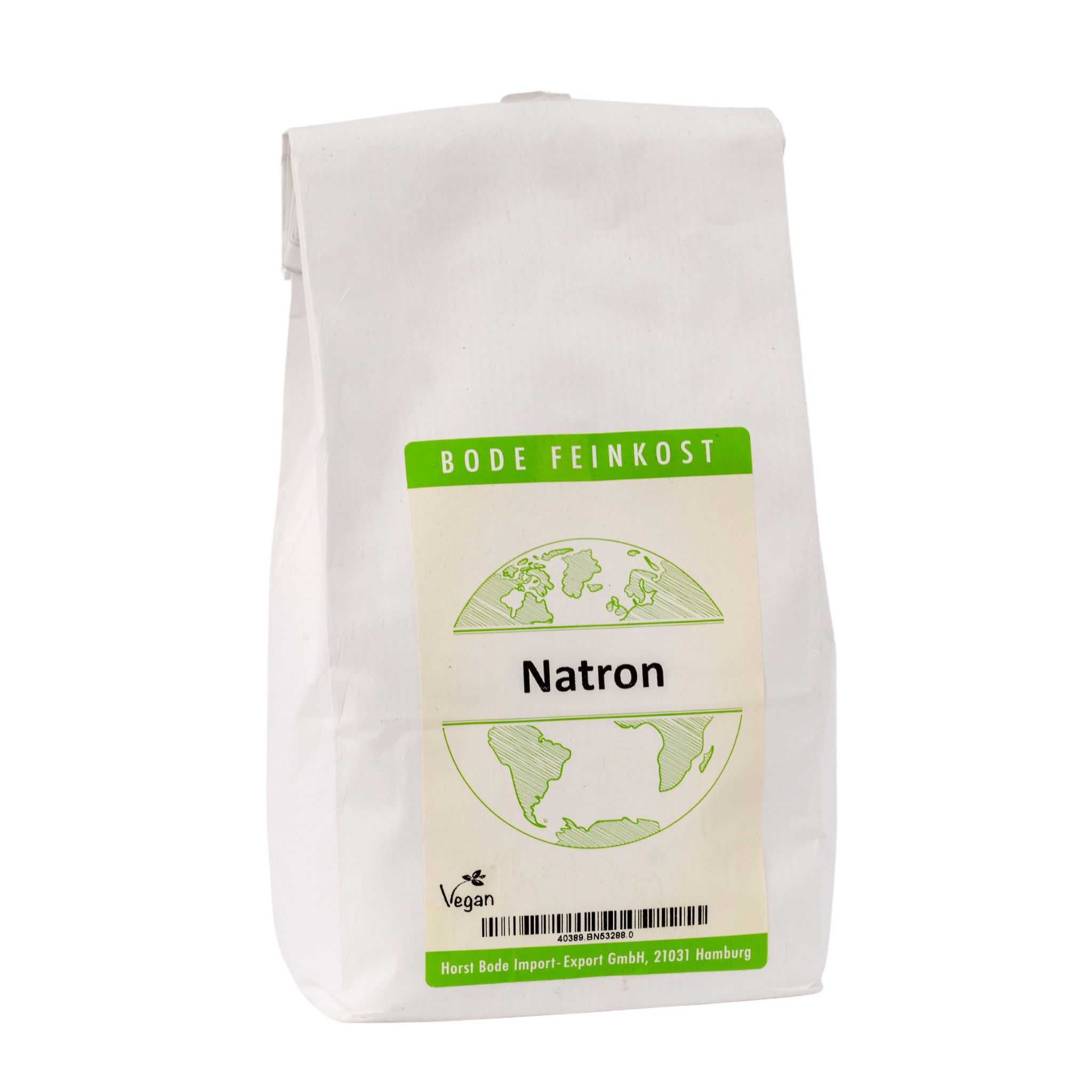 Weißer Papierbeutel mit Aufkleber 'Natron' von Bode Feinkost, grün-weißes Etikett mit stilisierter Weltkarte, Vegan-Symbol und Barcode