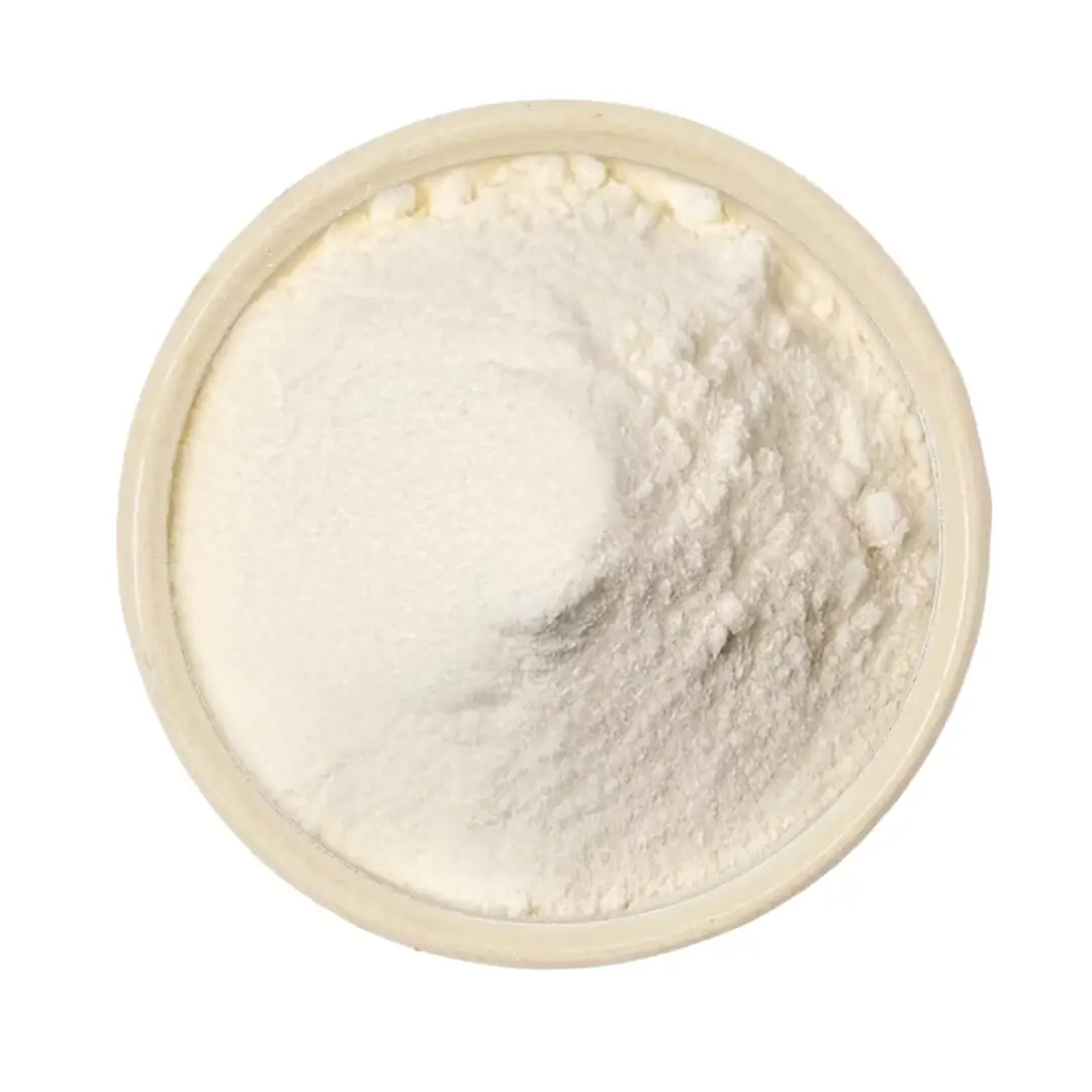 Obenansicht einer Schüssel mit feinem, weißem Pulver auf weißem Hintergrund