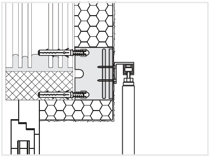 Illustration der Befestigung von Führungsschienen für Schiebeläden mit der Universalmontageplatte UMP-ALU-Q-R