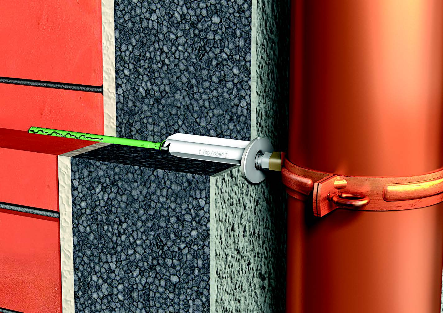 EJOT Iso-Dart zur nachträglichen Befestigung von leichten bis mittelschweren Anbauteilen an WDVS-Fassaden aus EPS oder Mineralwolle wie Rohrschellen, Schilder und Werbetafeln, Lampen etc.