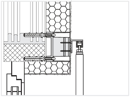 Illustration der Befestigung von Führungsschienen für Schiebeläden mit der Universalmontageplatte UMP-ALU-Z-TZ