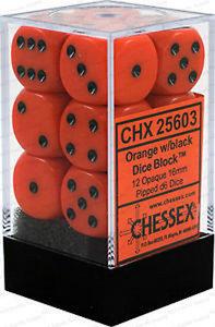 Opaque Orange/black D6 16mm Dobbelsteen Set (12 stuks)
