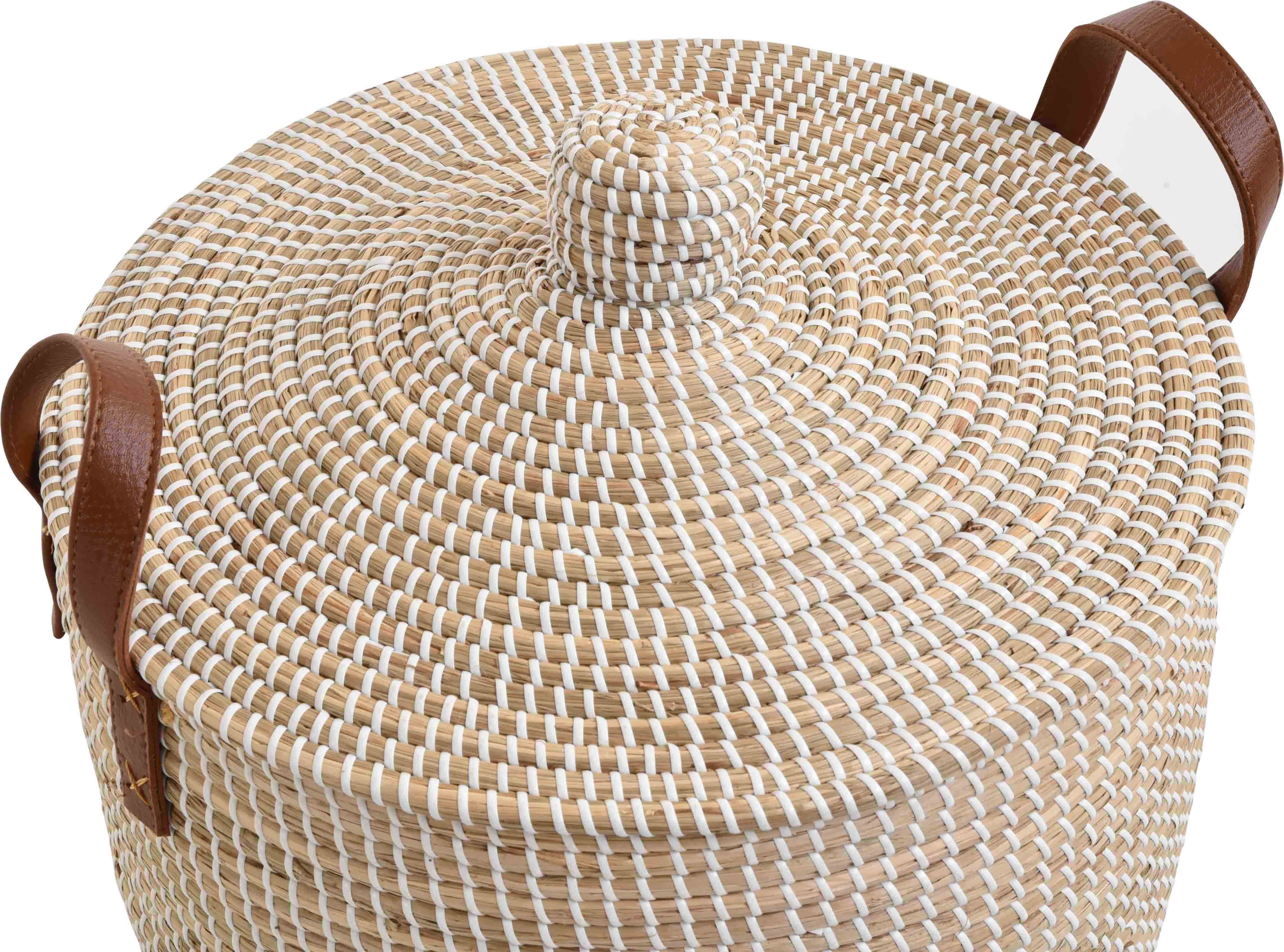 Runder Aufbewahrungskorb mit Deckel aus Seegras im Boho-Stil