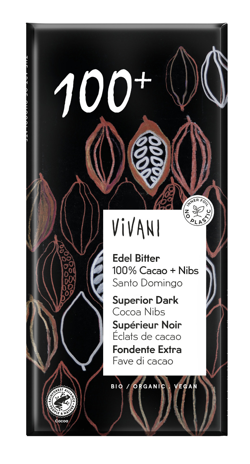Tafelschokolade Edel Bitter 100% Cacao + Nibs vegan bio Vivani 10x80g