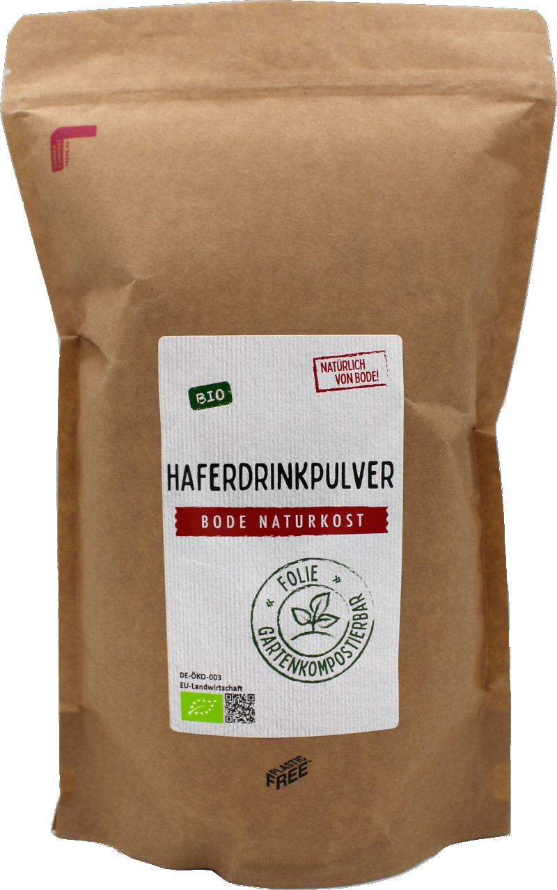 Organic oat drink powder in a garden compostable bag 800g