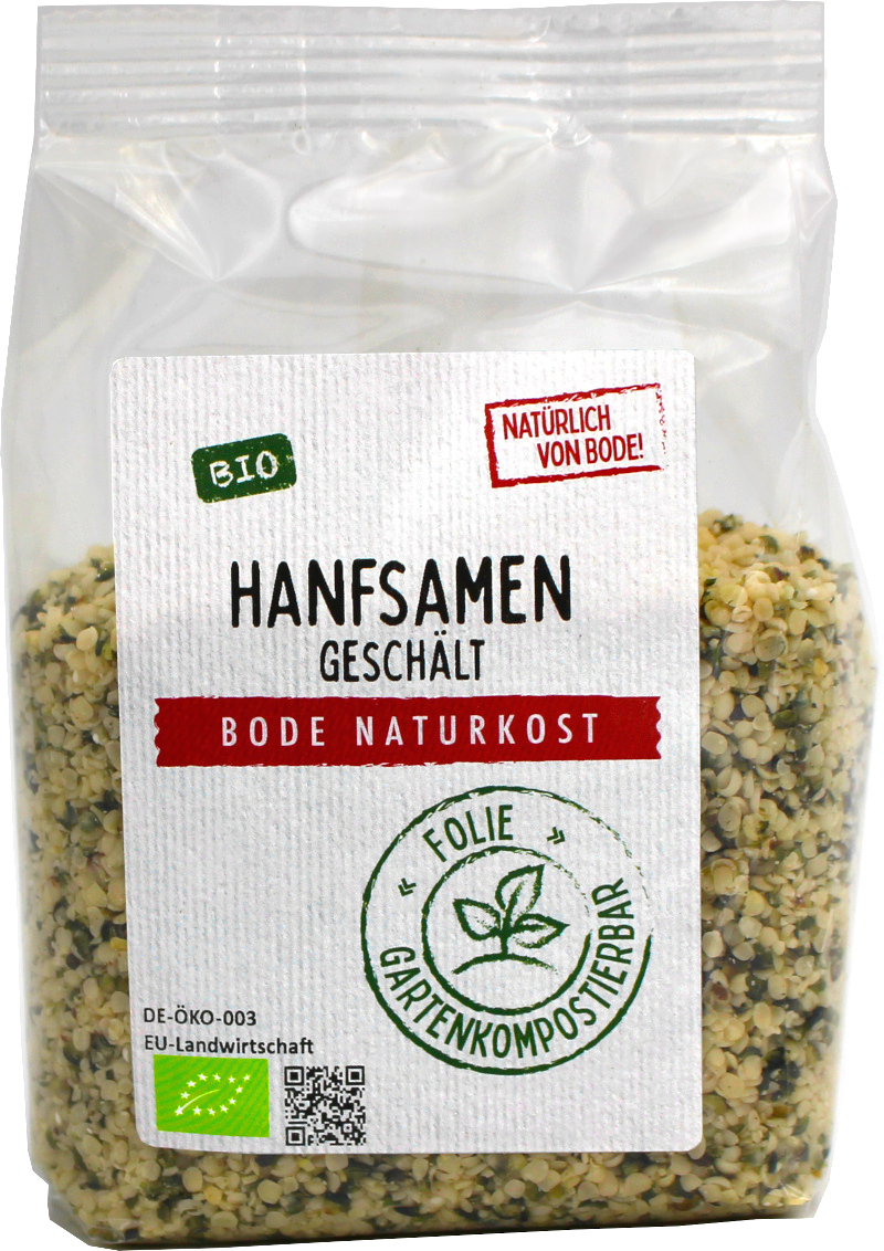 Organic hulled hemp seeds, garden compostable bag 6x200g
