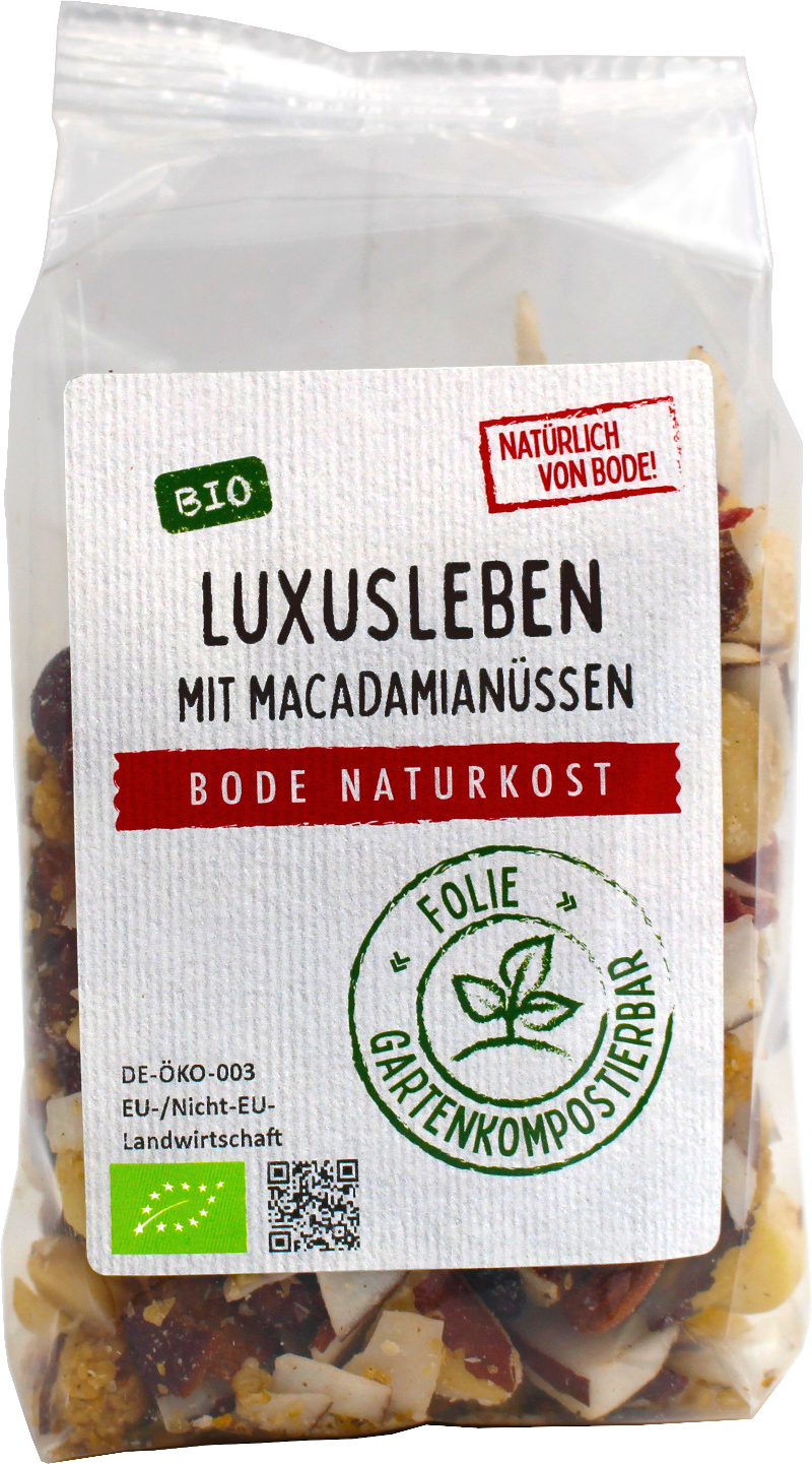 Luxusleben - Macadamia Mix bio -ohne Rosinen- gartenkompostierbarer Beutel 6x175g